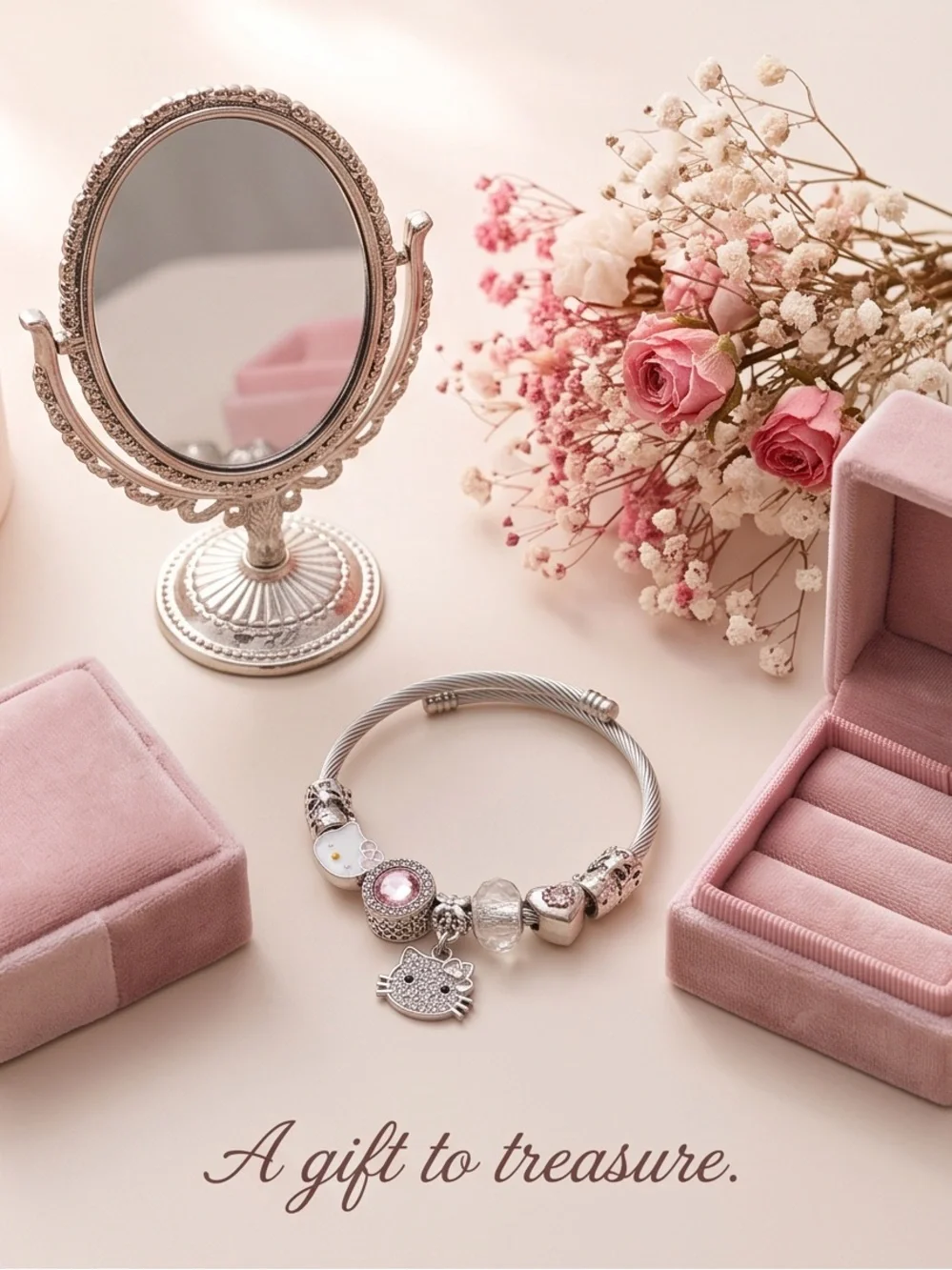 Kids Silver Bangle Charm Bracelet | Pink Crystals & Cute Charms